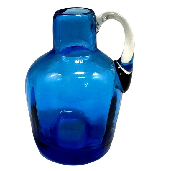 VTG Blue Handblown Glass Mini Jug Pitcher  Vase 4 inches Applied Clear Handle - Picture 1 of 5